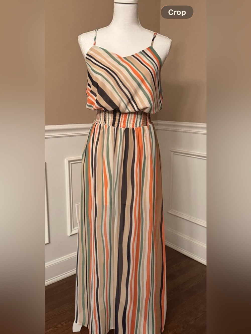 Fire Los Angeles Striped Maxi Dress in Cream, Orange, Green, Navy Size M